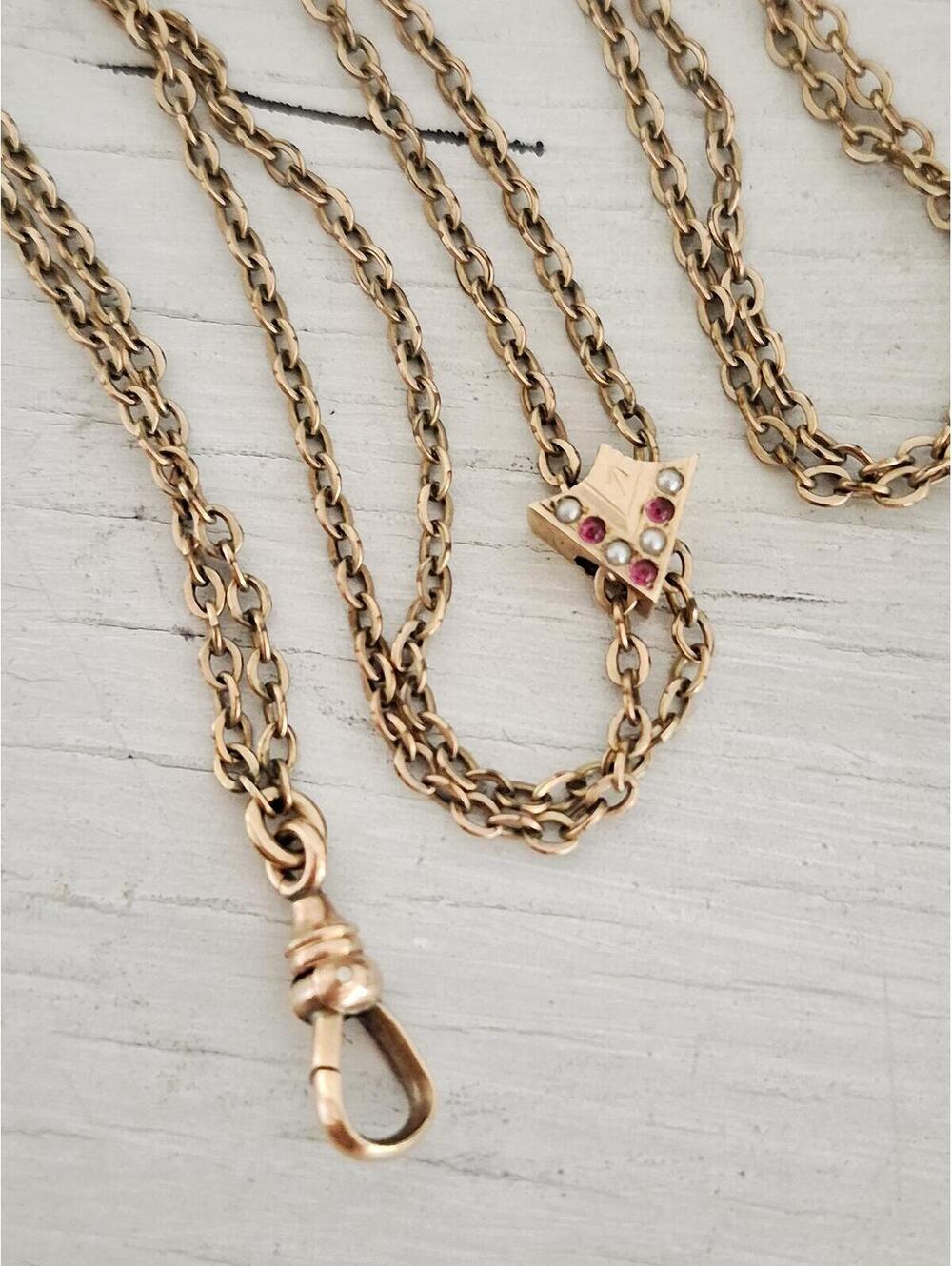 Antique Edwardian Gold-Filled Seed Pearl & Ruby Slide Lorgnette Chain Necklace